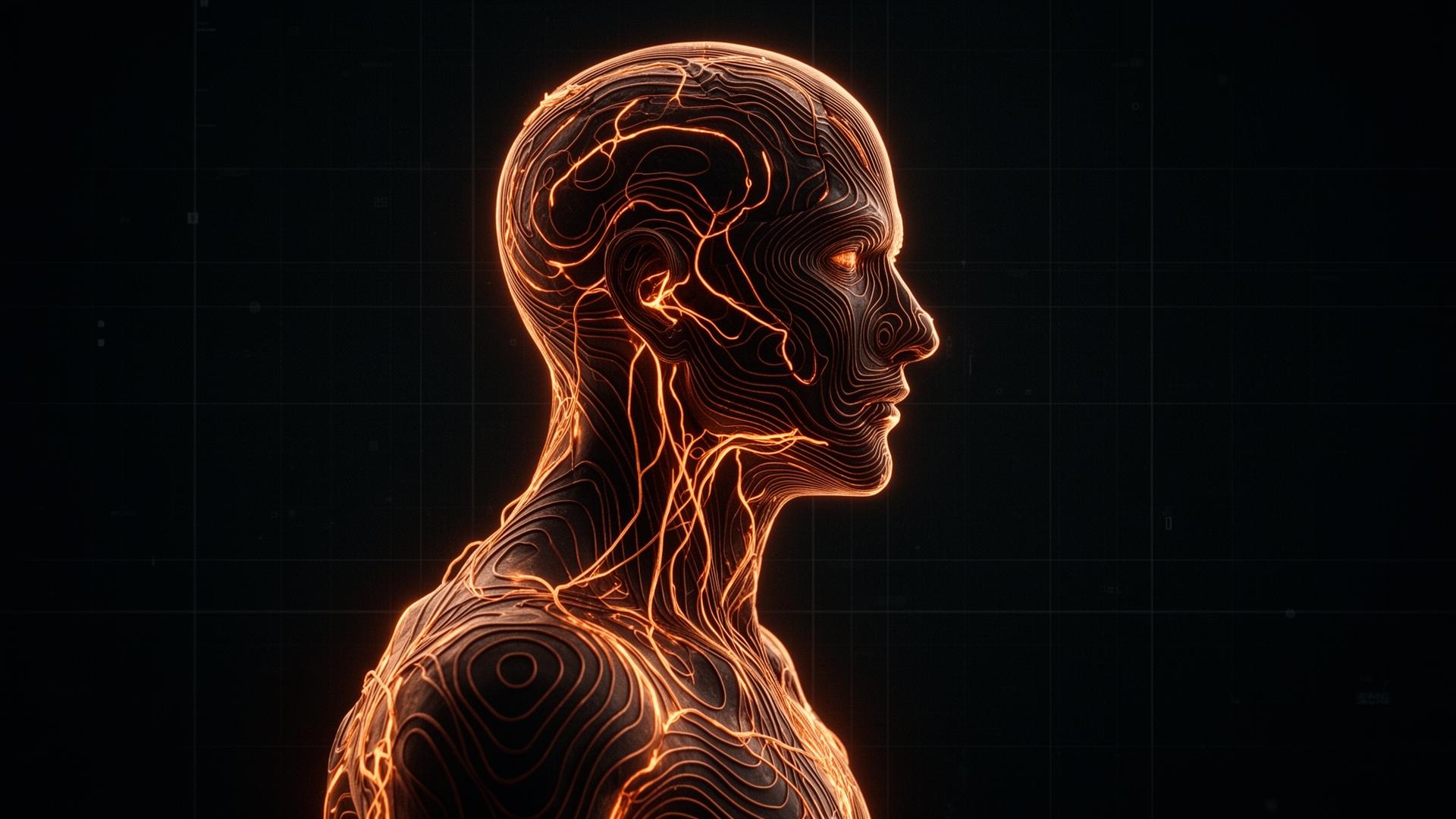 Bioluminescent human silhouette mapped with copper neural pathways